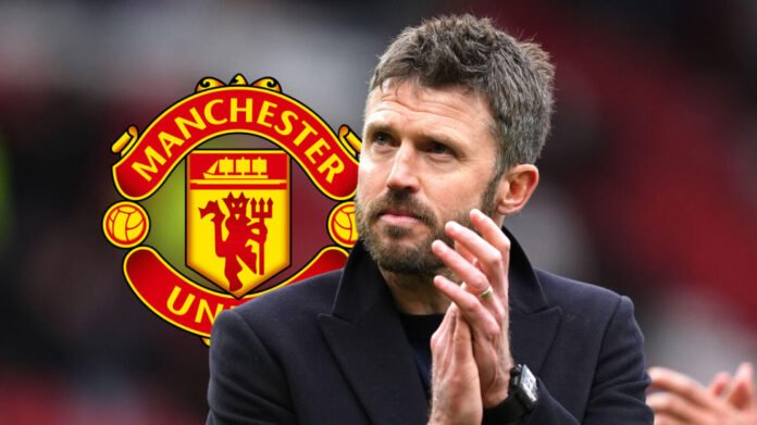 Carrick-with-Man-utd-badge Michael Carrick has been confirmed as permanent Manchesster United head coach