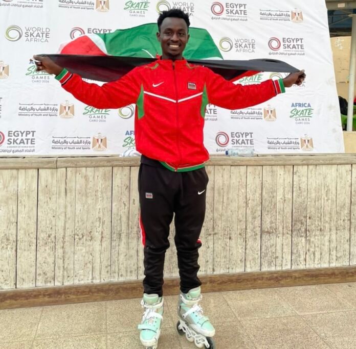Kelvin Kiarie- Skating President William Ruto congratulates Kelvin Kiarie after winning gold at the African Skating Championship in Cairo, Egypt.