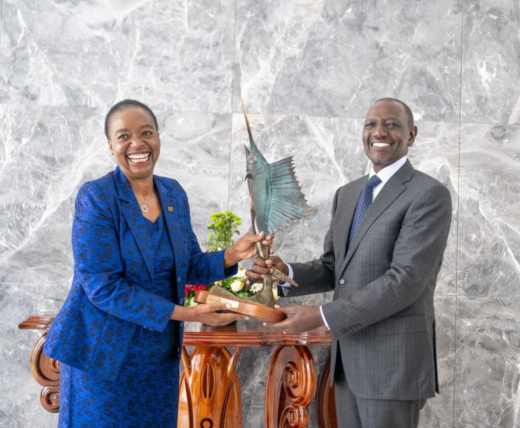President William Ruto with Ambassador Monica Juma during her farewell meeting at State House Nairobi.