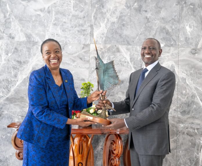 Monica Juma President William Ruto with Ambassador Monica Juma during her farewell meeting at State House Nairobi.