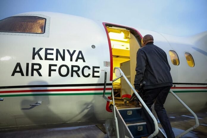 Deputy President Kithure Kindiki boards a Kenya Air Force plane at JKIA, Nairobi, ahead of his trip to Uganda to represent President William Ruto at Yoweri Museveni’s inauguration ceremony in Kampala.