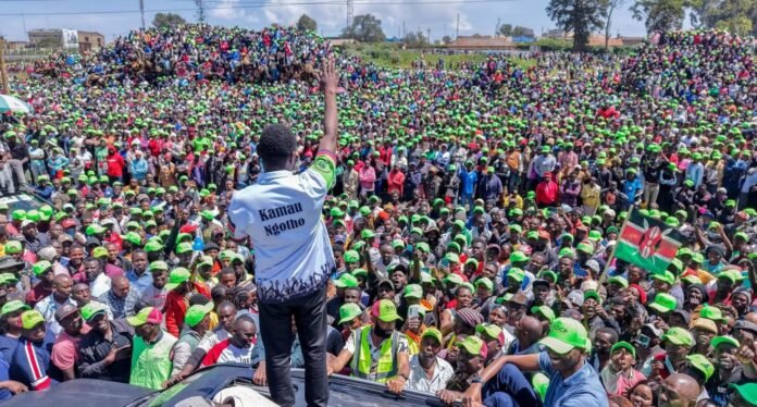 Ol Kalou by-election poll DCP candidate Sammy Kamau Waweru alias Ngotho addresses supporters during a campaign rally in Ol Kalou ahead of the July 16 by-election.