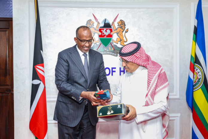 Health CS Aden Duale and Saudi Ambassador Saad Alnofaia discussed healthcare investment, UHC reforms, digital health and vaccine manufacturing in Kenya.