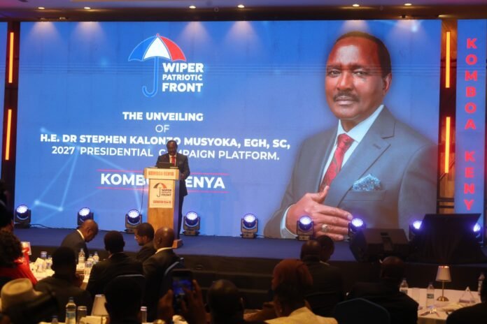 Wiper Party leader Kalonzo Musyoka gestures during the launch of his 2027 presidential campaign website, a digital platform featuring public donations, AI-powered engagement and the Komboa Kenya movement.