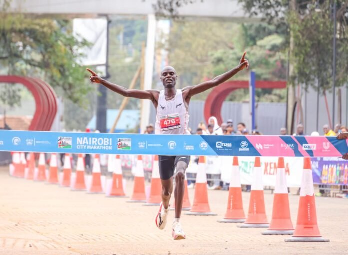 Enock Kipkemboi celebrates after winning the men's full marathon during the 2026 Nairobi City Marathon, which attracted a record 17,500 participants from 75 countries.
