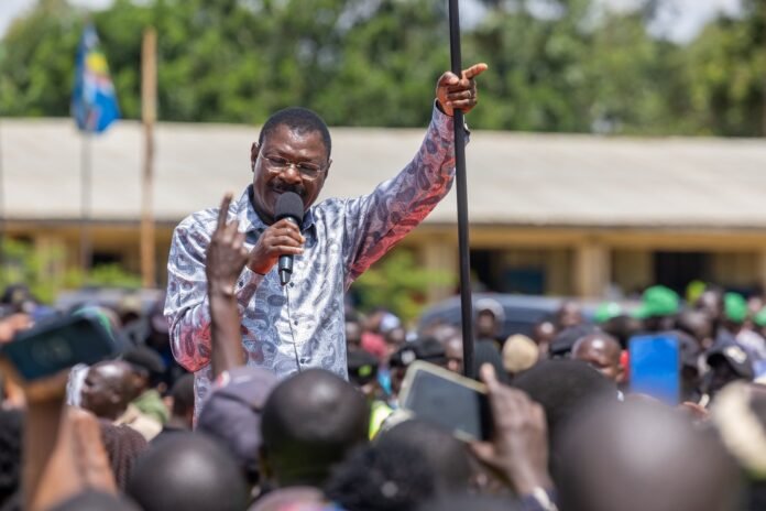 Speaker Moses Wetang'ula addresses residents in Webuye East, highlighting government development projects and urging support for President William Ruto ahead of the 2027 elections.