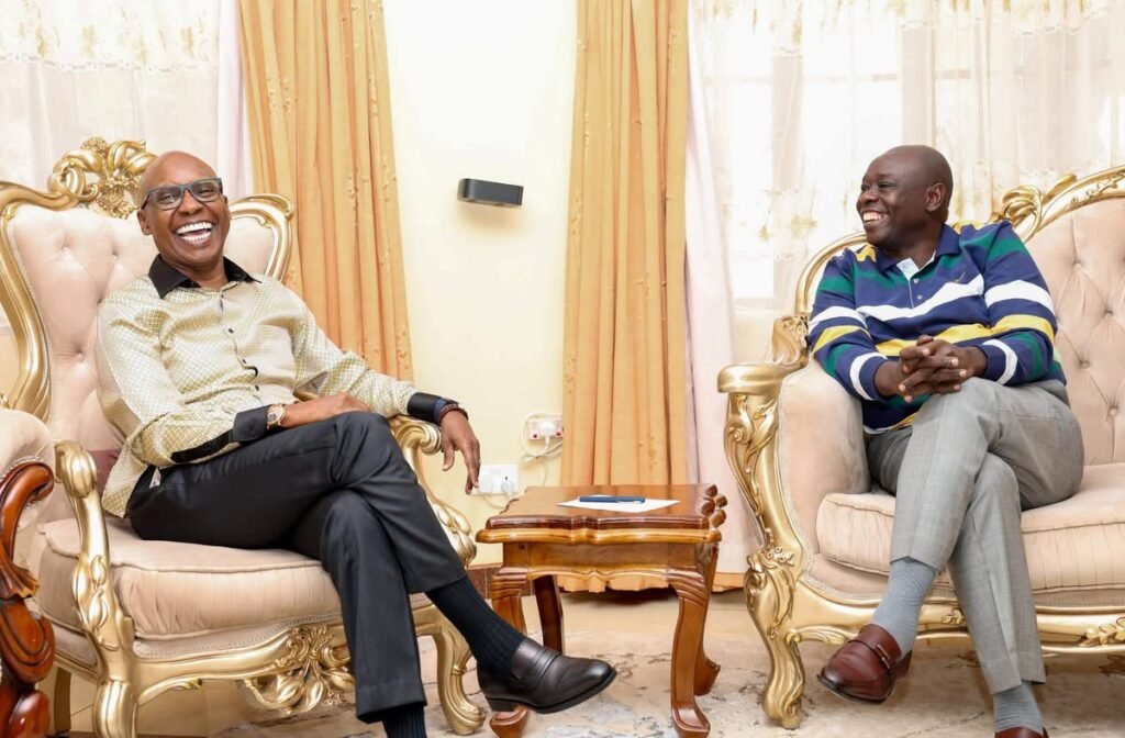 Former Deputy President Rigathi Gachagua hosts businessman Jimi Wanjigi during consultations at his Wamunyoro residence.