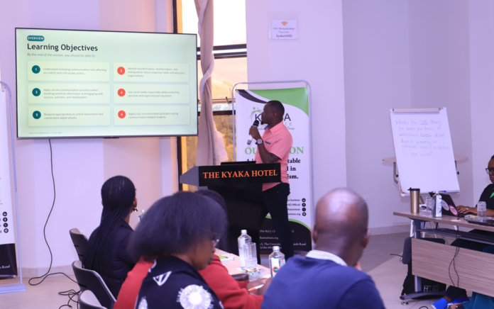 Abraham Mariita leads digital security session leads digital security session Abraham Mariita speaking to journalists and human rights defenders during a cybersecurity training workshop.