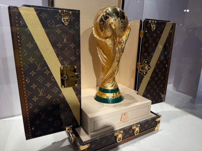 Louis Vuitton World Cup trophy trunk World Cup replica trophy is displayed in a Louis Vuitton trophy trunk. New York City, U.S. - July 16, 2026 General view as a World Cup replica trophy is displayed in a Louis Vuitton trophy trunk. in a Louis Vuitton store in New York City