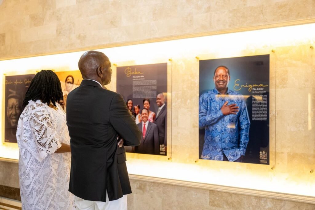 Ruto and Mama Ida Odinga read displays inside the Raila Odinga Mausoleum during its handover and dedication in Bondo on October 7, 2026.